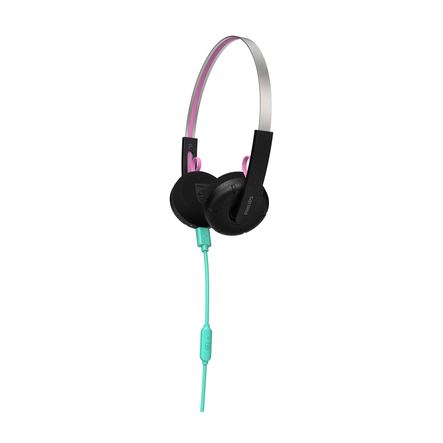 Cuffie nere con archetto argentato e accenti rosa, cavo turchese.