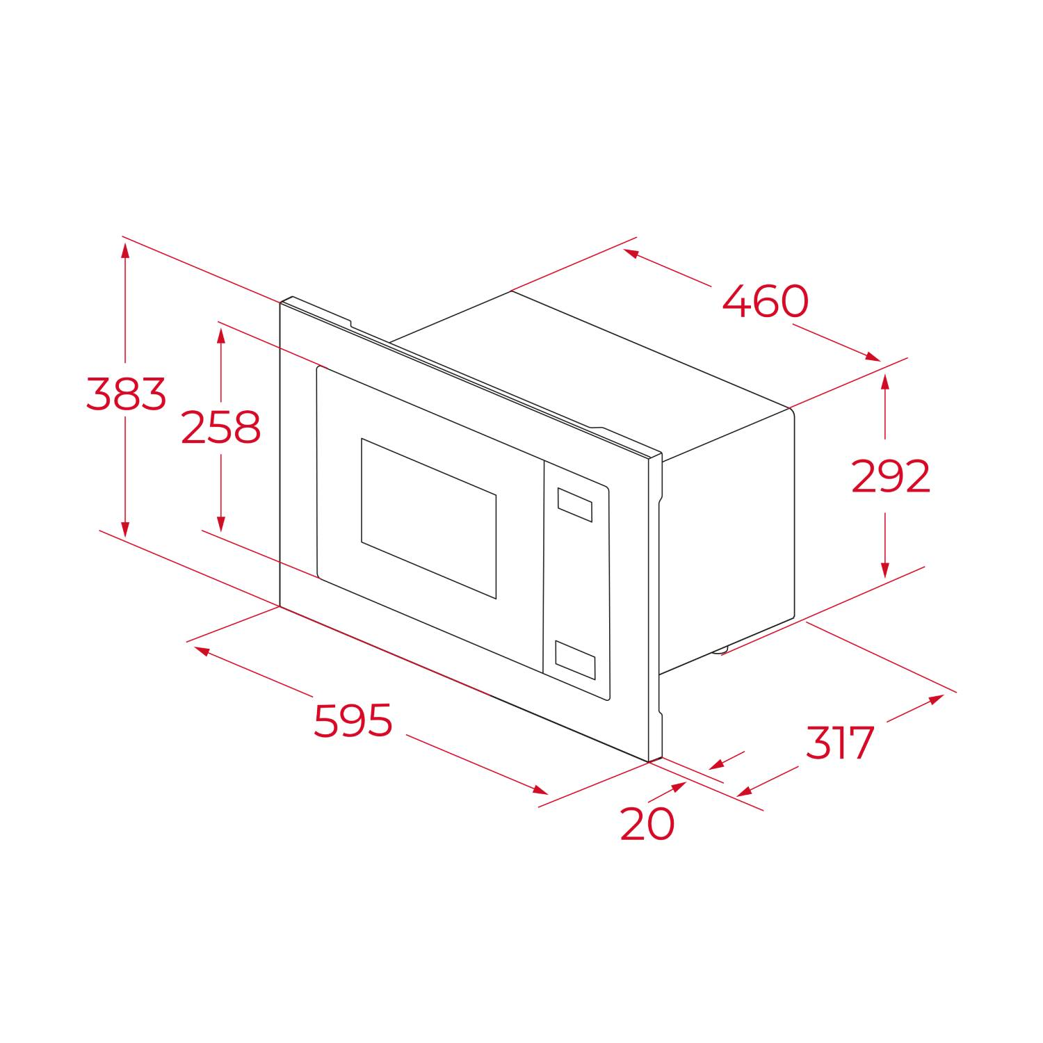 Dibujo técnico de un horno microondas empotrable con dimensiones.