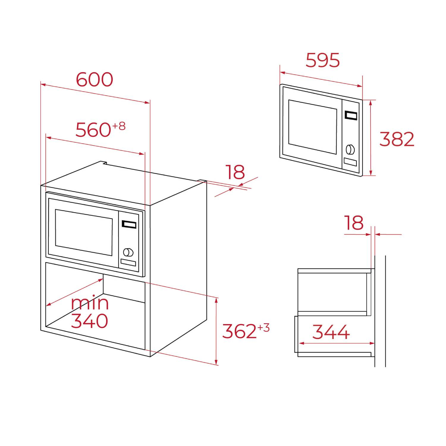 Dibujo técnico de un horno empotrable con dimensiones.
