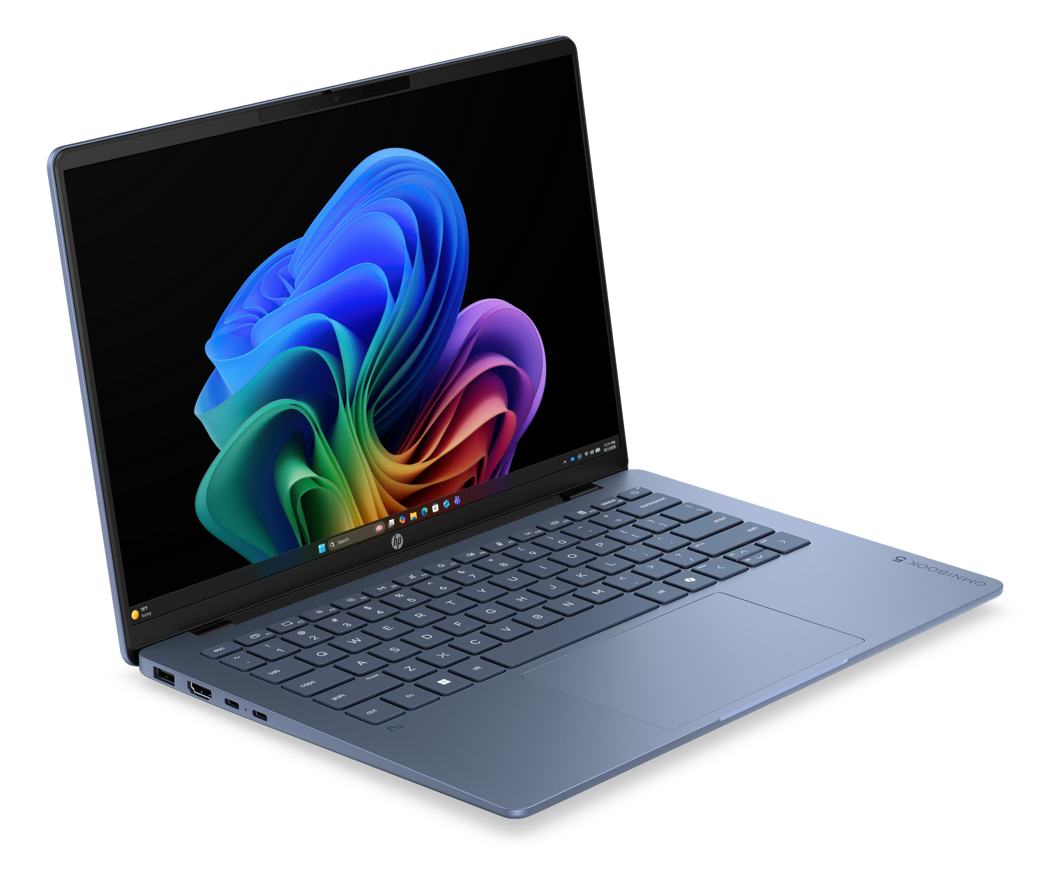 Un portátil HP azul con un fondo de pantalla colorido en su pantalla abierta.