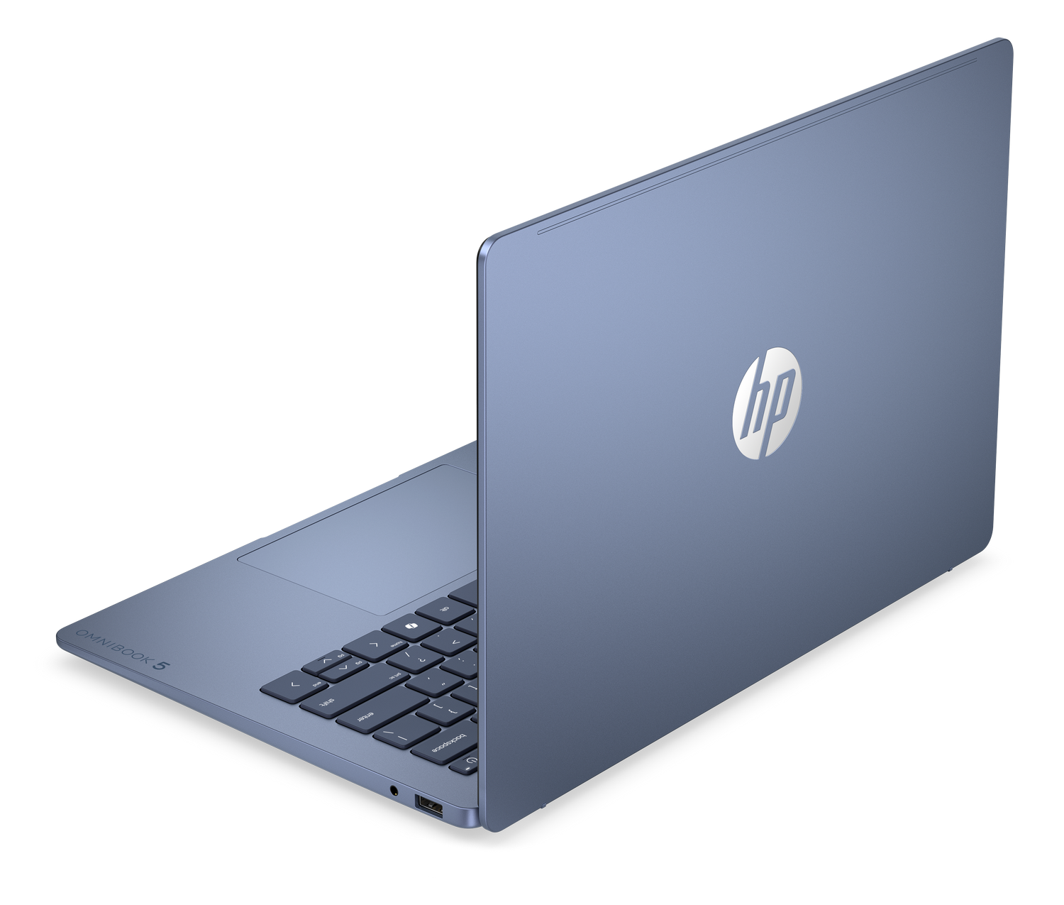 Un portátil HP Omnibook 5 azul claro, mostrado desde atrás a la izquierda.