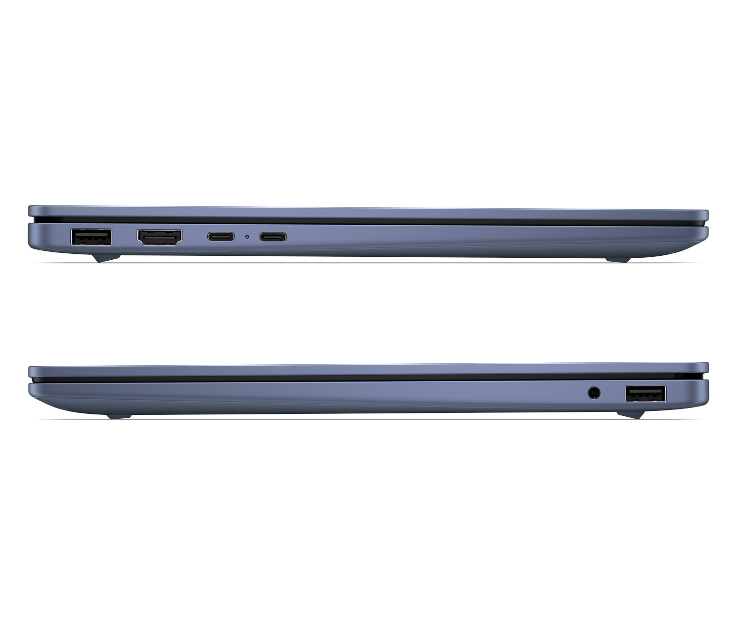 Vista lateral de un portátil azul con puertos USB, HDMI y USB-C.
