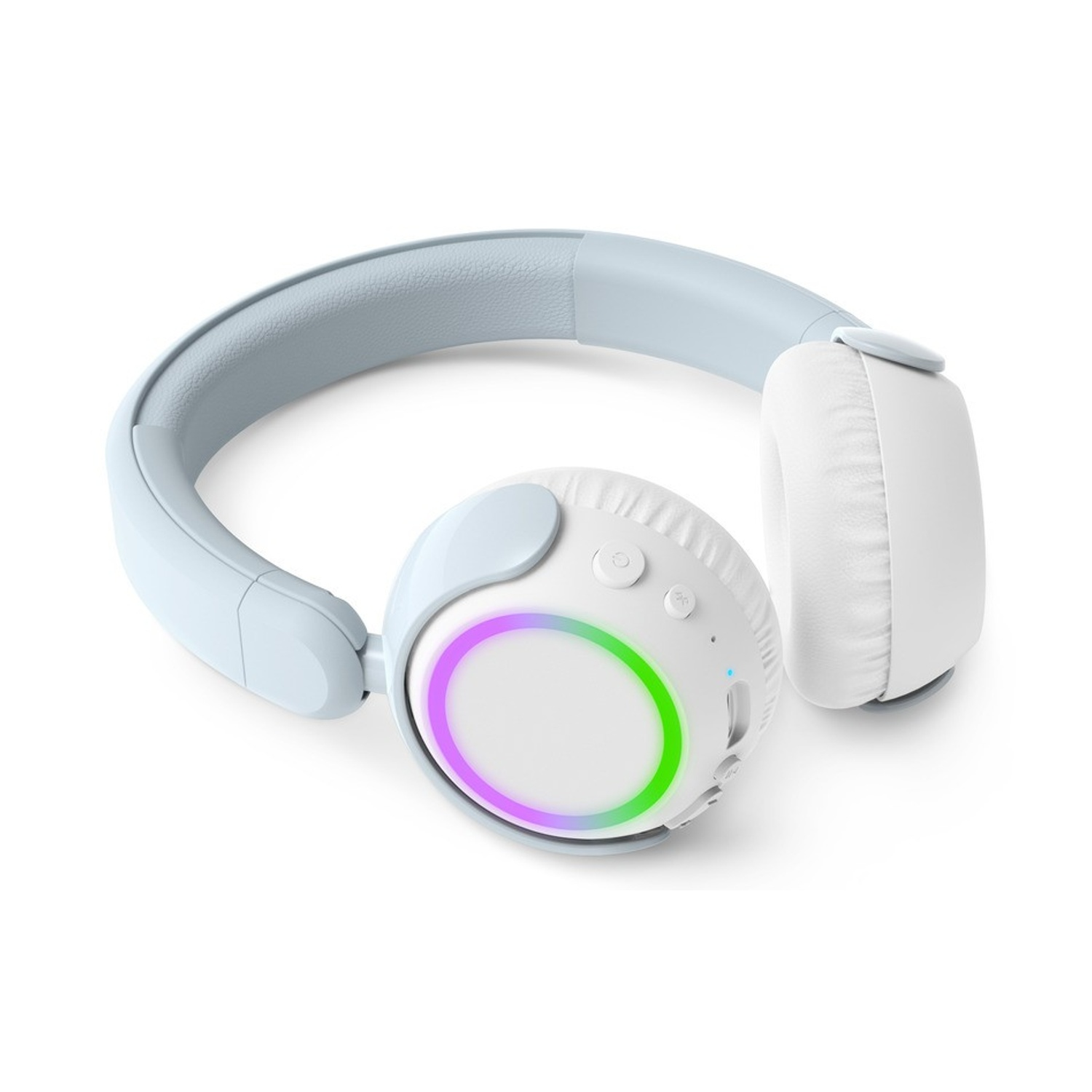 Cuffie azzurro chiaro con padiglione bianco e anello LED colorato.