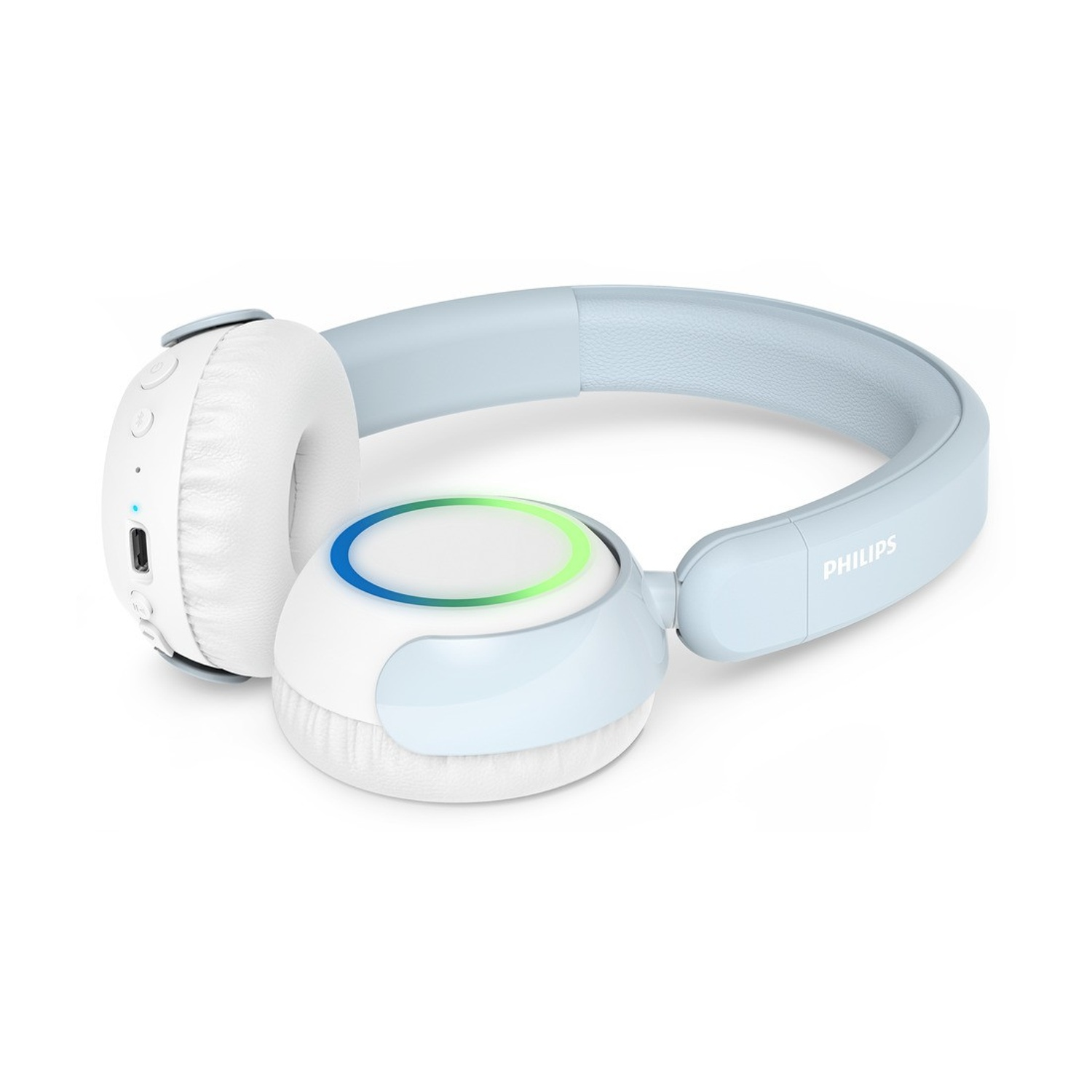 Cuffie Philips azzurro chiaro con padiglioni bianchi e anello luminoso.