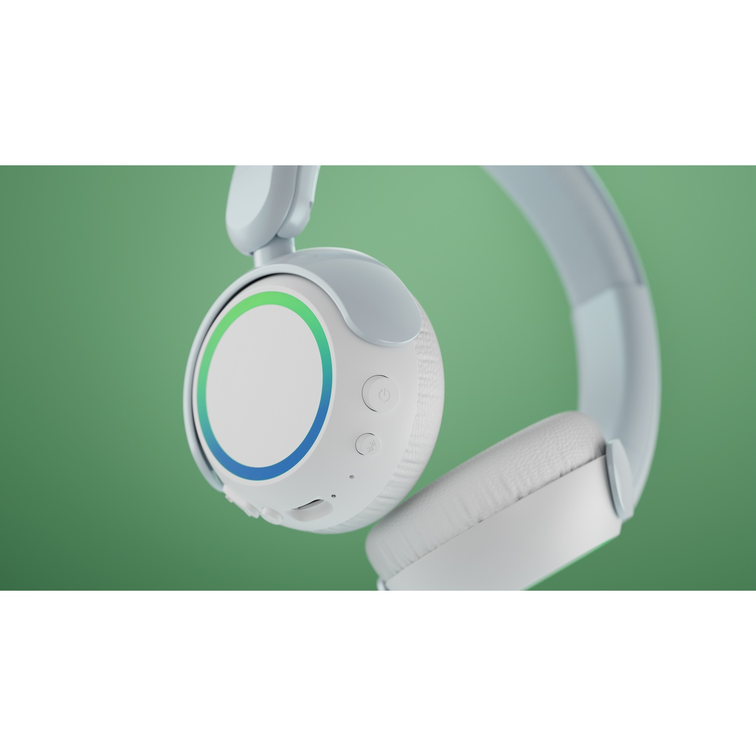 Cuffie bianche con anello blu-verde su sfondo verde.