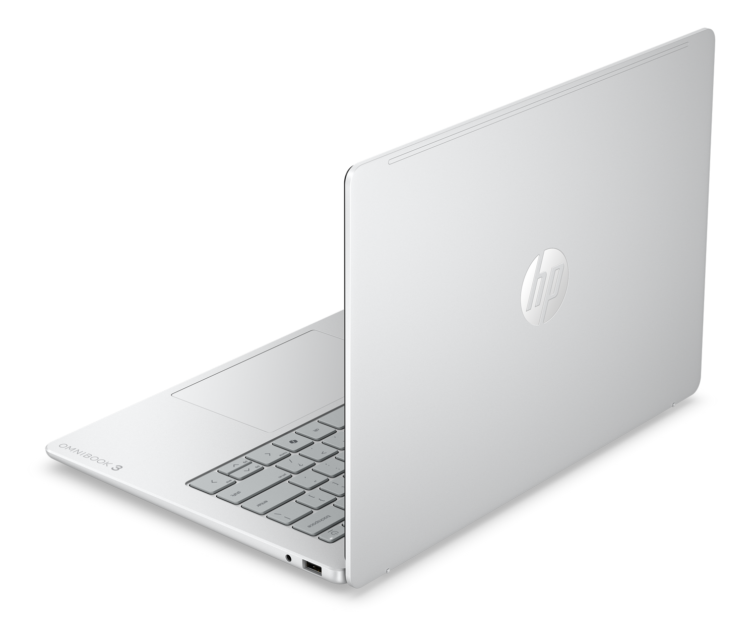 Un portátil HP Omnibook 3 blanco, visto de lado con la pantalla abierta.