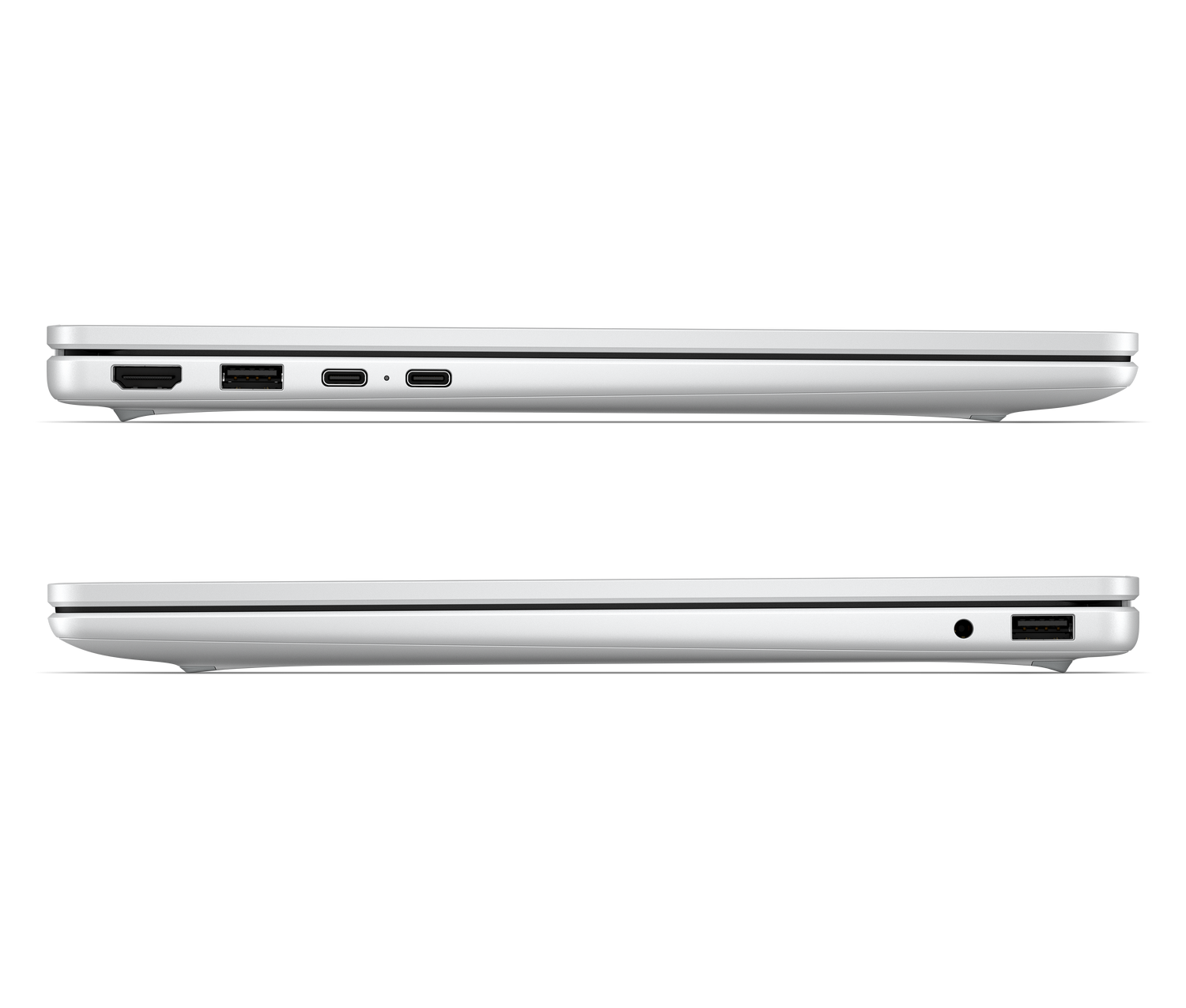 Vista lateral de un portátil blanco que muestra puertos HDMI, USB-C y USB-A.