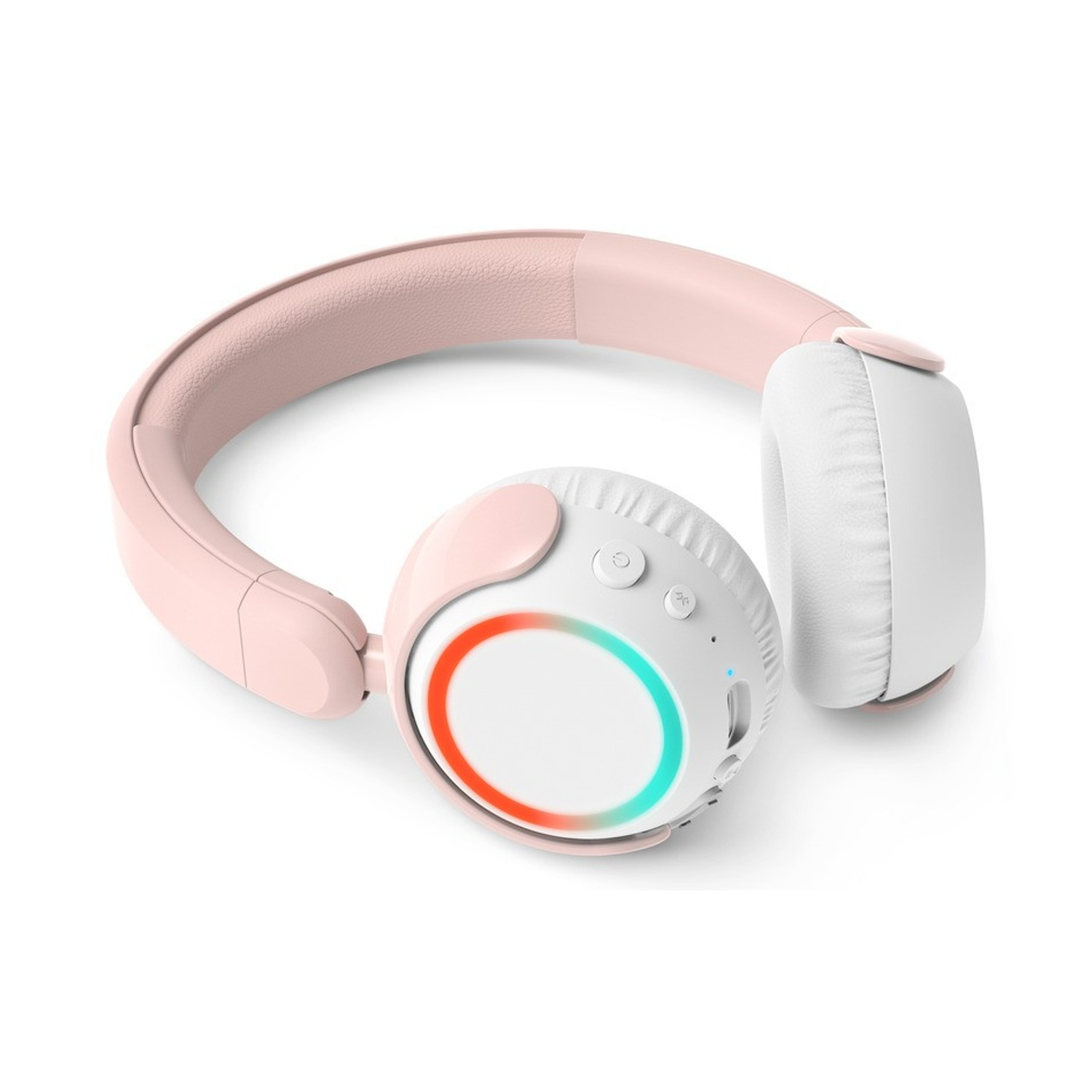 Cuffie rosa e bianche over-ear con accenti luminosi sui padiglioni.