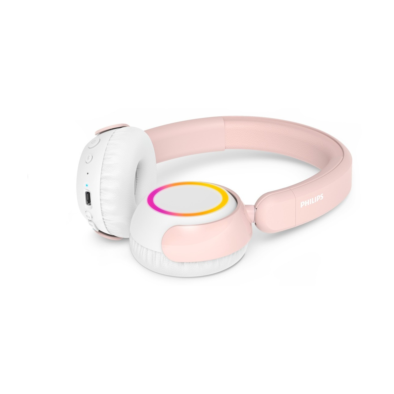 Cuffie Philips rosa con padiglioni bianchi e anello luminoso.
