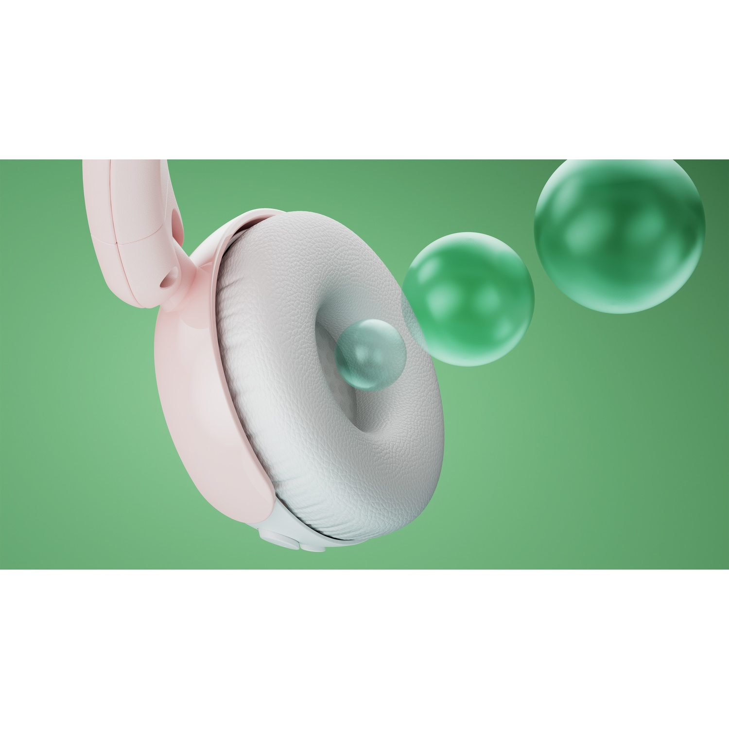 Un paio di cuffie rosa e bianche con tre sfere verdi su sfondo verde.
