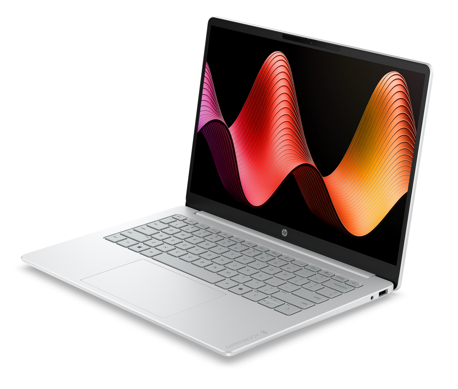 Un portátil HP Omnibook 3 blanco con un patrón de ondas de colores en la pantalla.