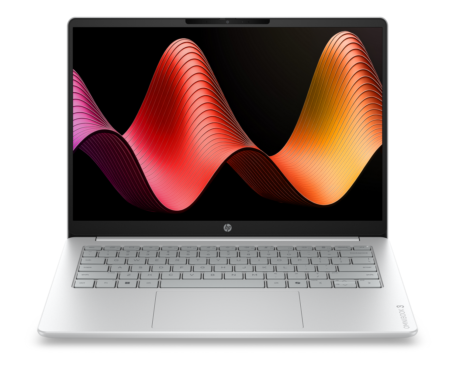 Un portátil HP plateado muestra un patrón ondulado de colores en su pantalla.