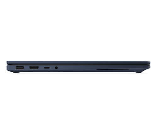Vista lateral de un portátil azul oscuro con puertos: USB-A, HDMI, USB-C, jack de audio.