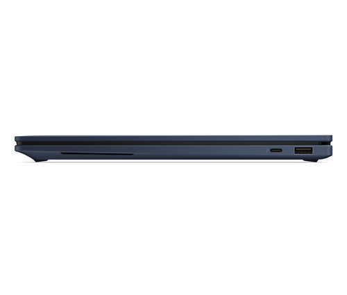 Perfil de portátil azul oscuro con puertos USB-C y USB-A.