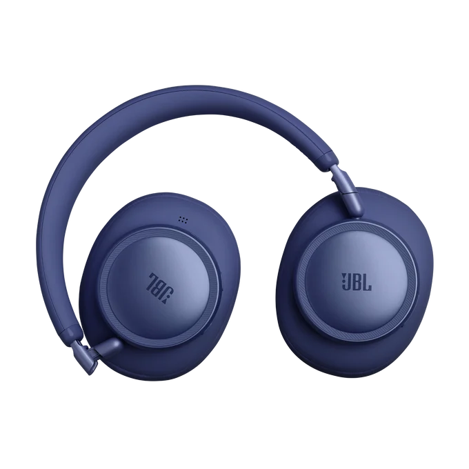 Auriculares JBL azules con diadema y almohadillas, sobre fondo negro.
