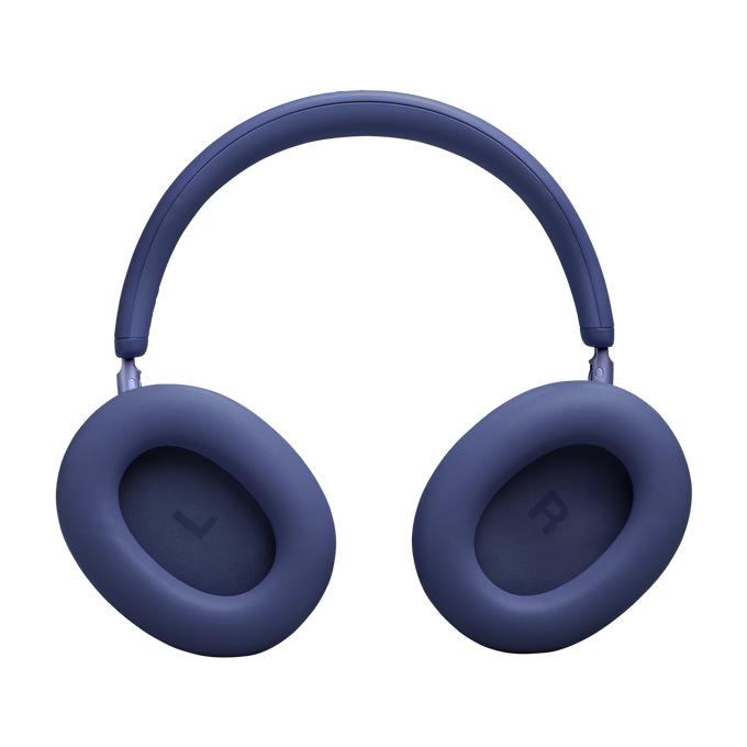 Auriculares azules con L y R en las almohadillas, sobre fondo negro.