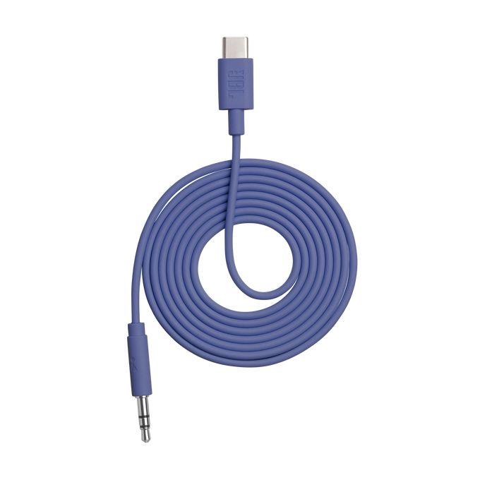 Un cable azul enrollado con conectores USB-C y de 3,5 mm. Logotipo JBL.
