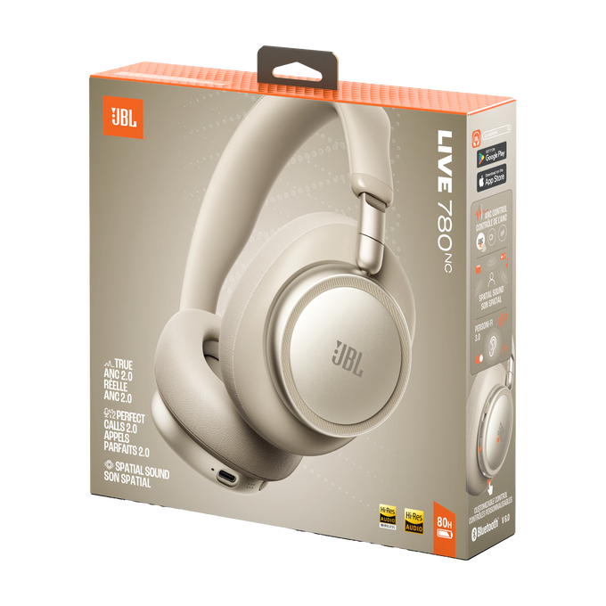 Auriculares JBL Live 780NC beige con ANC en el embalaje.