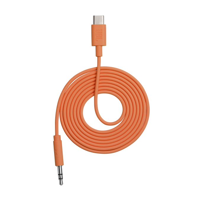 Un cable JBL naranja con conector USB-C y 3,5 mm, enrollado.