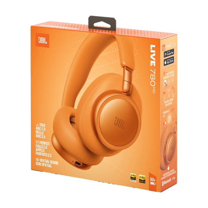Auriculares JBL Live 780NC naranjas en caja naranja.