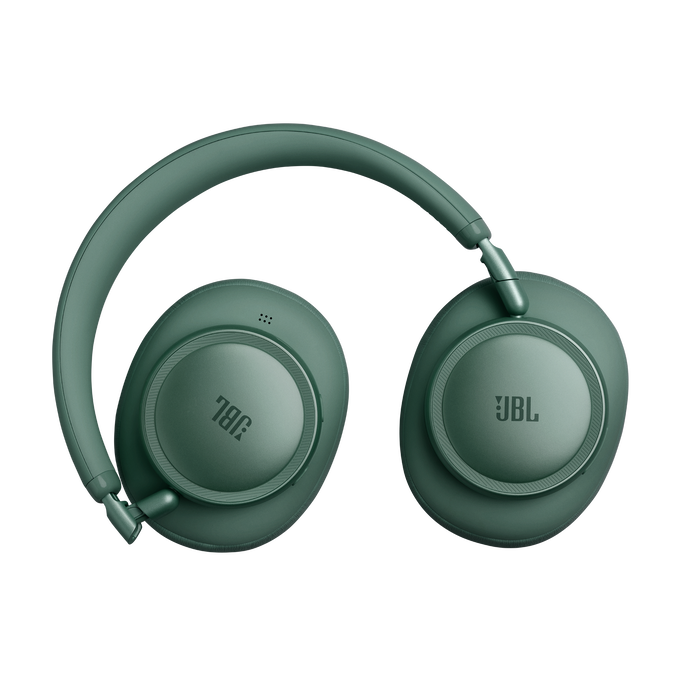 Un par de auriculares JBL verde oscuro con fondo negro.