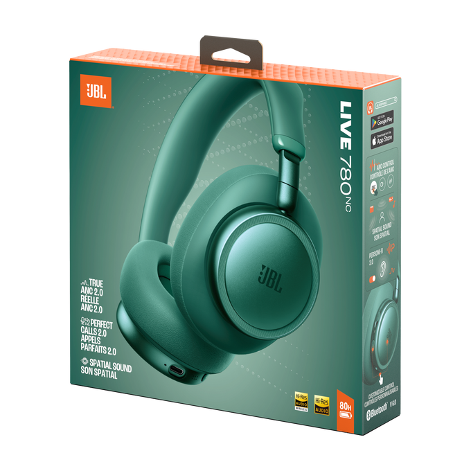 Embalaje verde de auriculares JBL LIVE 780NC con auriculares y características.