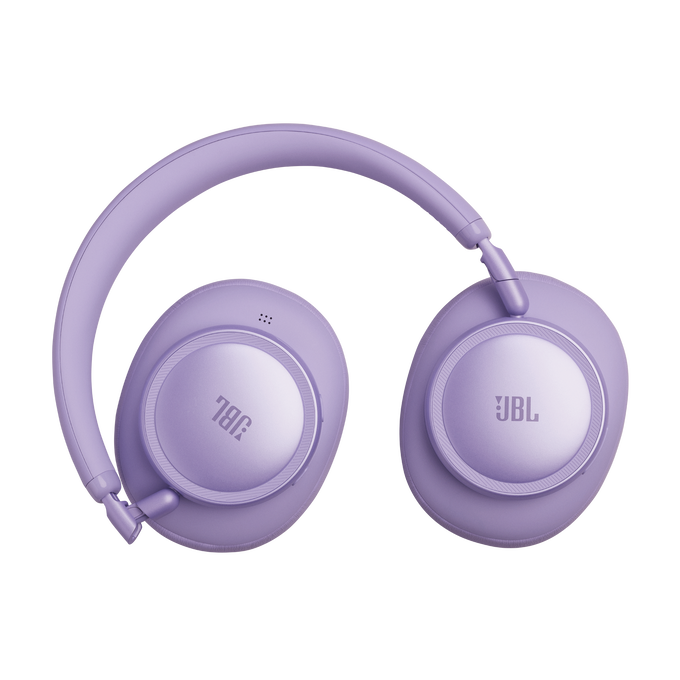 Auriculares JBL morados con detalles y logotipos plateados.