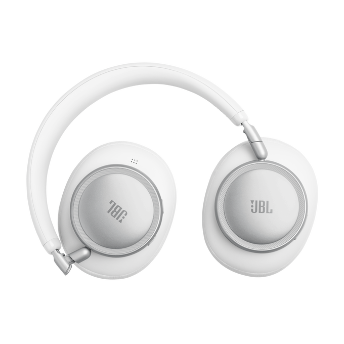 Auriculares JBL blancos con detalles plateados sobre fondo negro.