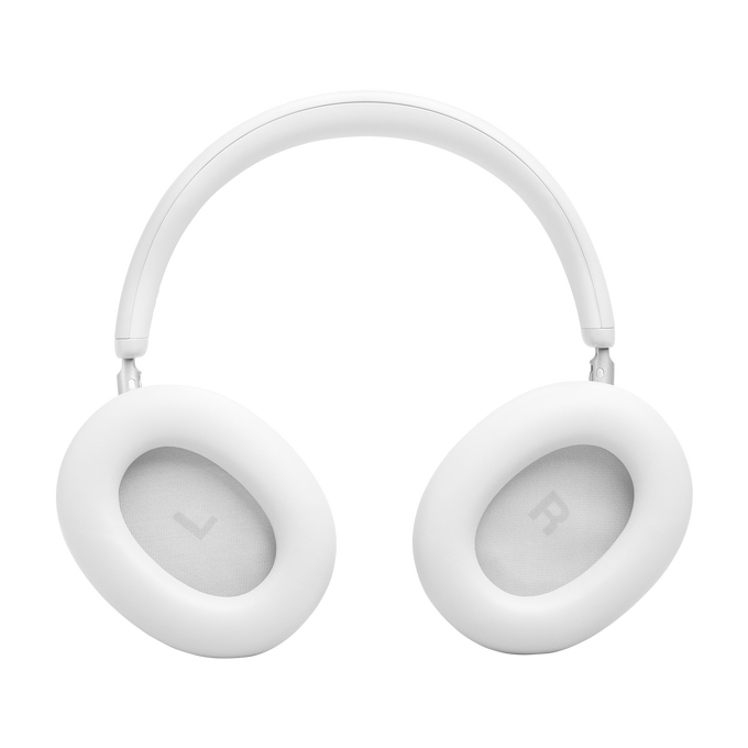 Auriculares blancos de diadema con almohadillas acolchadas y banda para la cabeza. Visibles L y R.