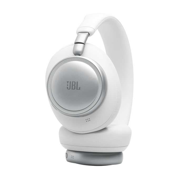 Auriculares JBL blancos supraaurales con acentos plateados y diadema acolchada.