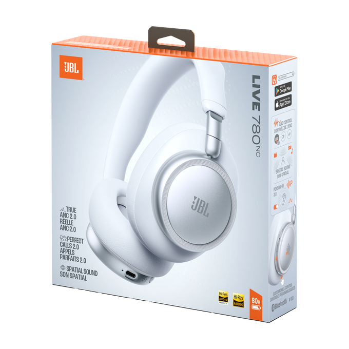 Embalaje de auriculares blancos JBL Live 780NC con ANC y Hi-Res Audio.