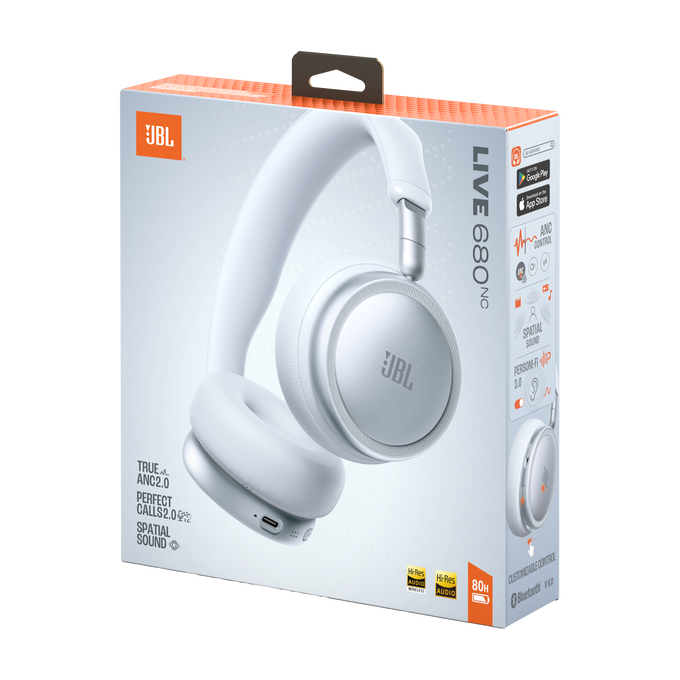 Embalaje de auriculares JBL blancos con control ANC y sonido espacial.
