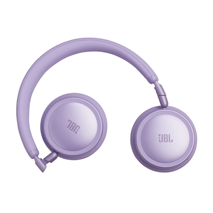 Auriculares JBL morados con diadema acolchada y almohadillas.