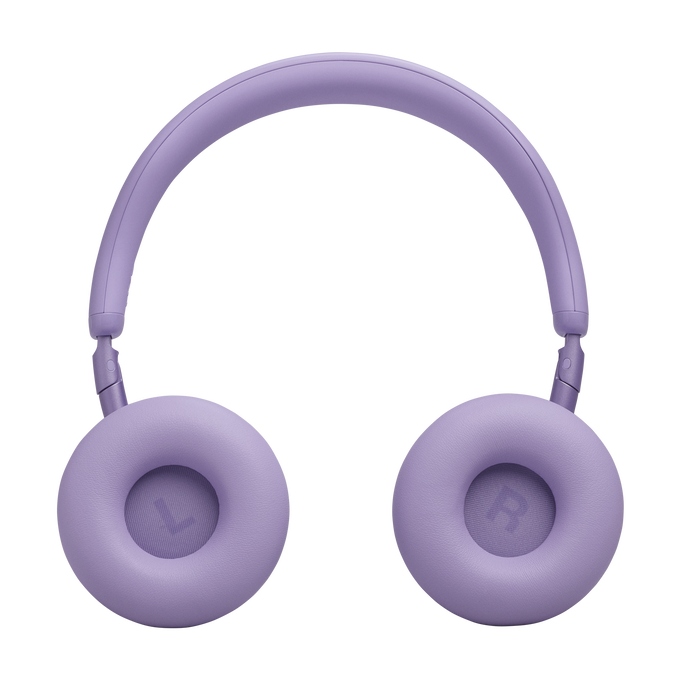 Auriculares lavanda con almohadillas y diadema. Marcados L y R.
