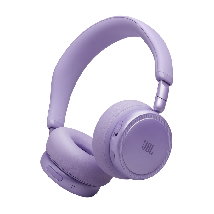Auriculares JBL morados con almohadillas acolchadas y diadema ajustable.