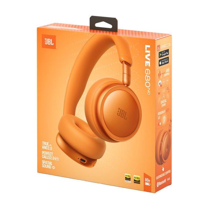 Caja naranja de auriculares JBL Live 680NC con imagen del producto.