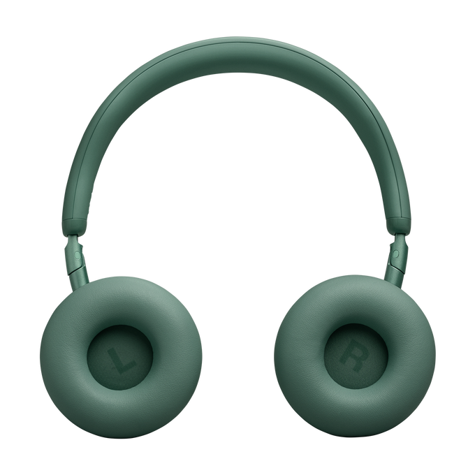 Auriculares verdes con marcas L y R sobre fondo negro.