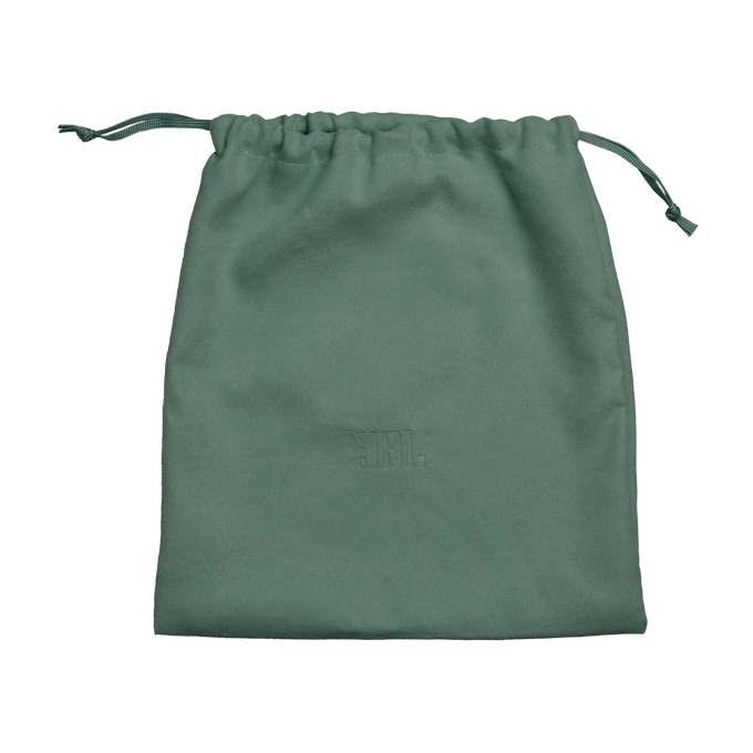 Una bolsa verde con cordón de JBL y logo en relieve.