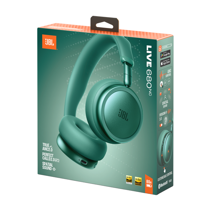 Auriculares JBL verdes con ANC en caja mostrando características del producto.