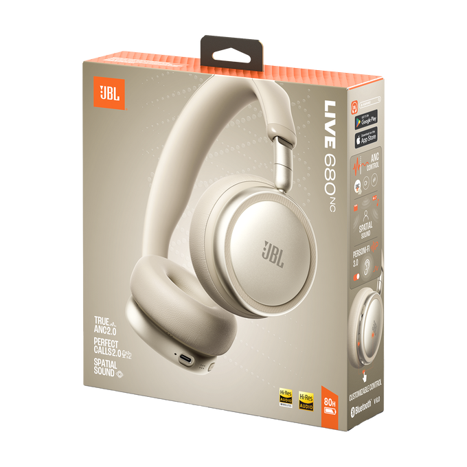 Auriculares JBL beige en una caja con información del producto.