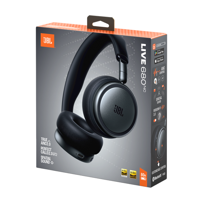 Auriculares JBL LIVE 680NC en gris oscuro sobre embalaje, mostrando características.