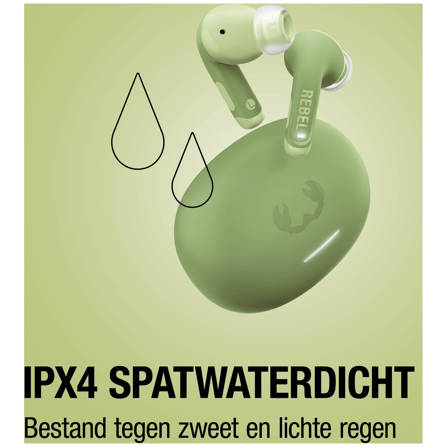 Groene draadloze oordopjes en oplaadcase, IPX4 waterbestendig.