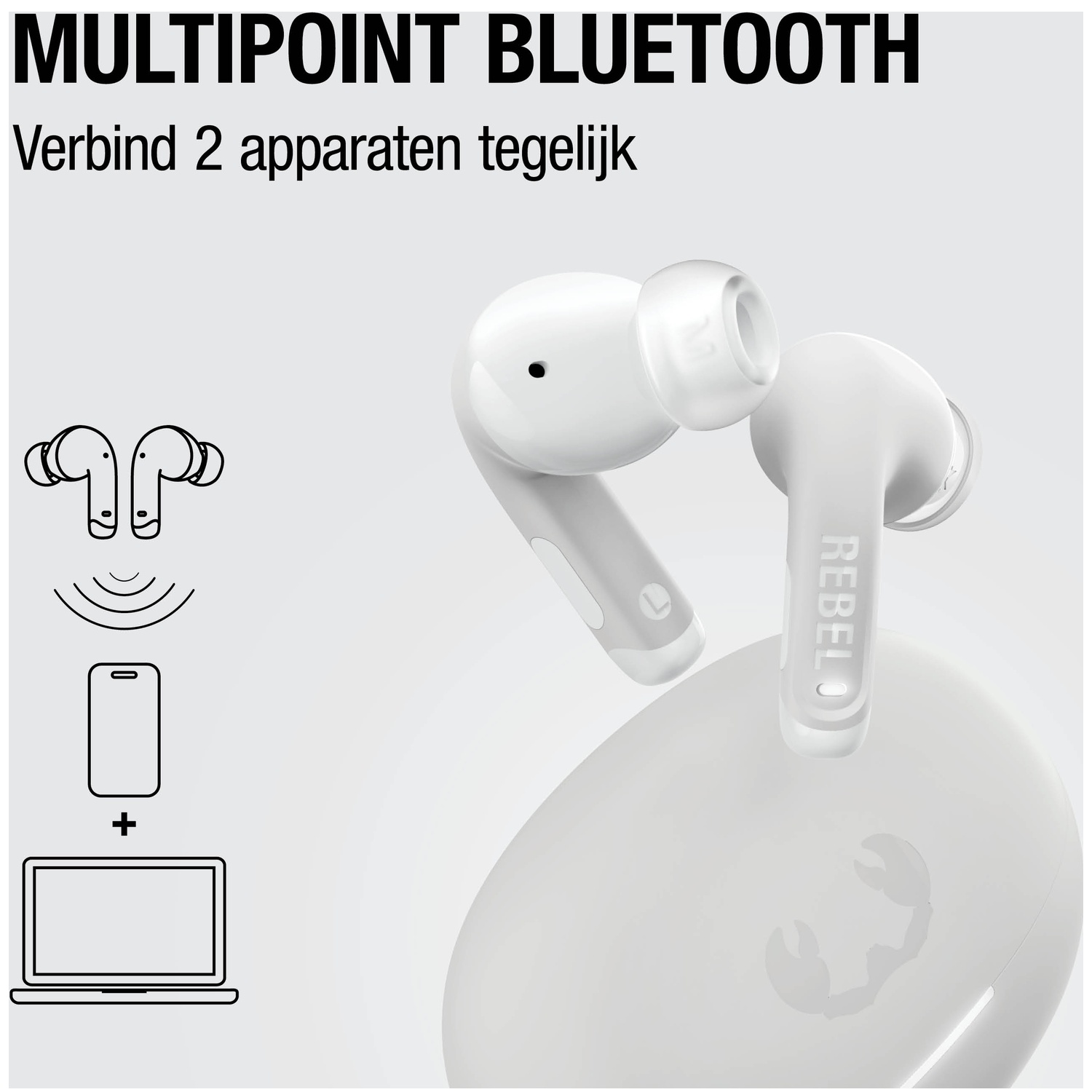 Witte Bluetooth oortjes met oplaadcase en iconen voor telefoon/laptop verbinding.