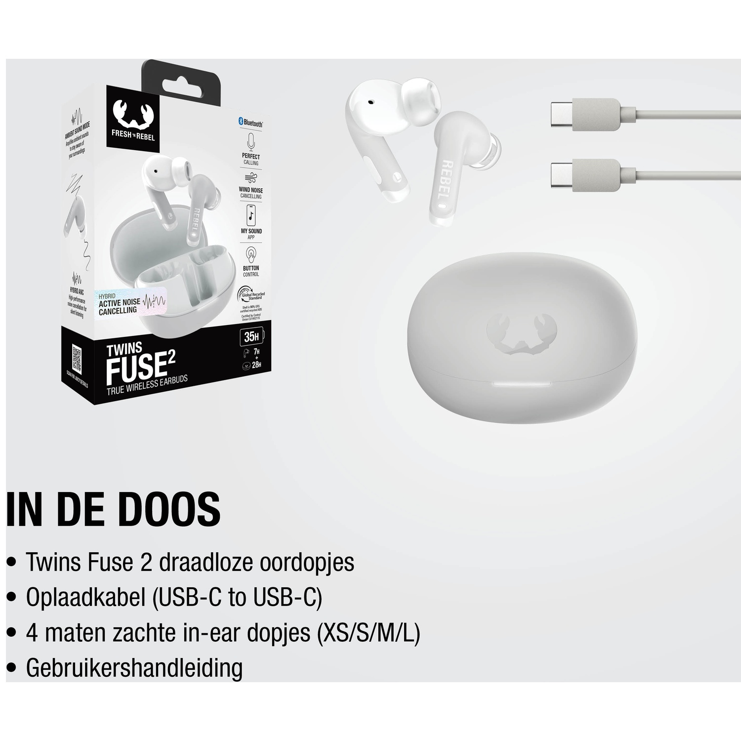 Witte Fresh & Rebel Twins Fuse 2 oordopjes met oplaadcase en USB-C kabels.
