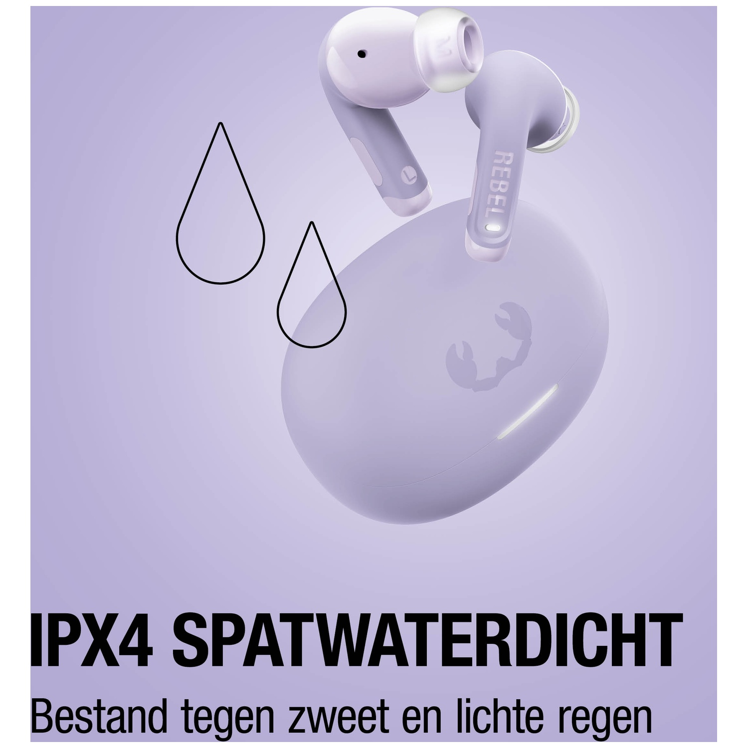Paarse oordopjes en oplaadcase met waterdruppel-icoontjes. IPX4 spatwaterdicht.