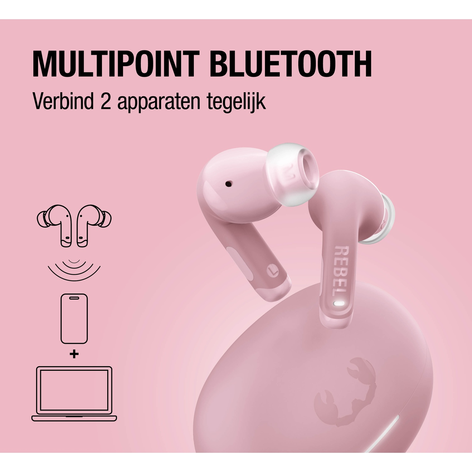 Roze draadloze oordopjes met oplaadcase en verbindingsdiagram.