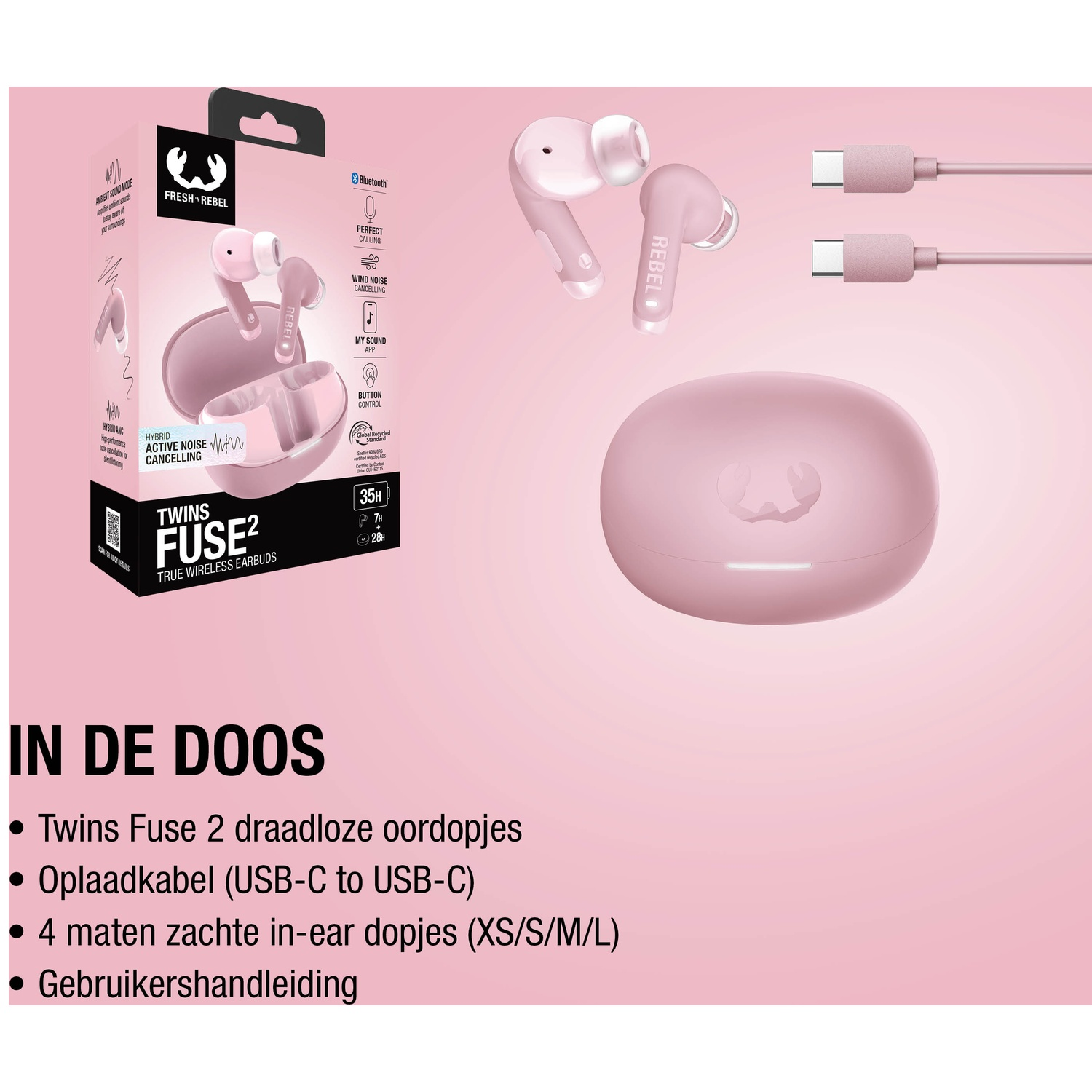 Roze Fresh Rebel Twins Fuse 2 oortjes met oplaadcase en kabels.