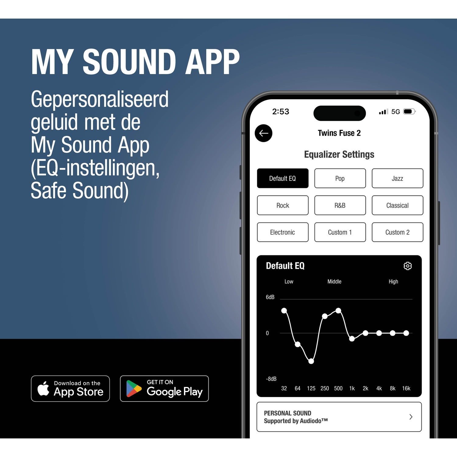 App-scherm met equalizerinstellingen en audiogram.