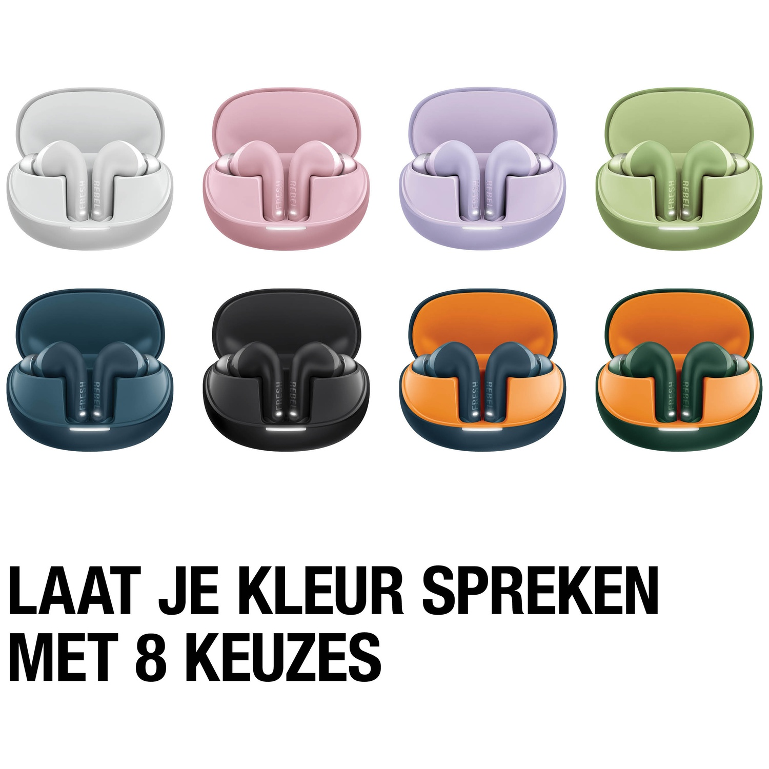 Acht paar draadloze oordopjes in verschillende kleuren in open oplaadcases.