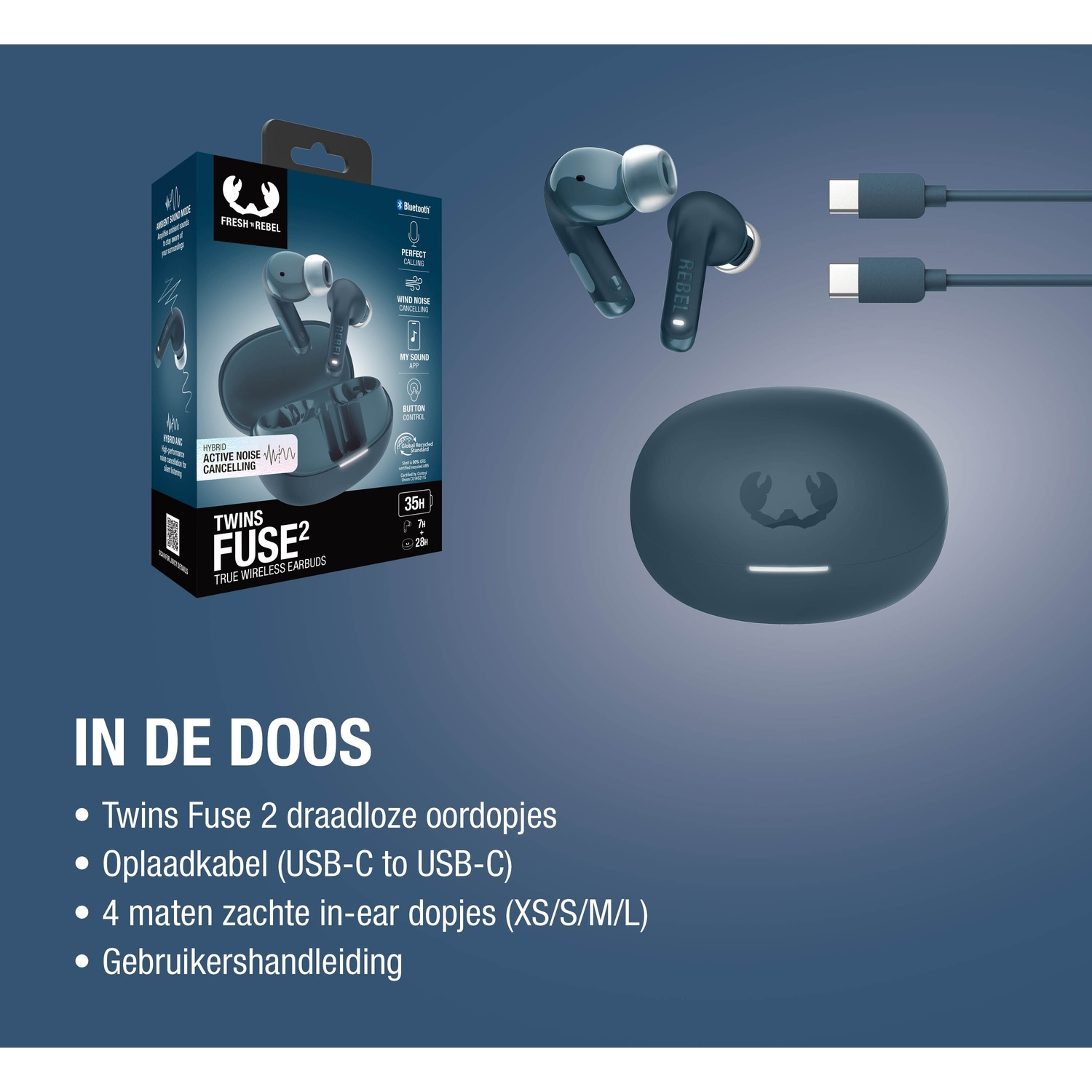Blauwe Fresh Rebel True Wireless oordopjes met oplaadcase, kabels en verpakking.